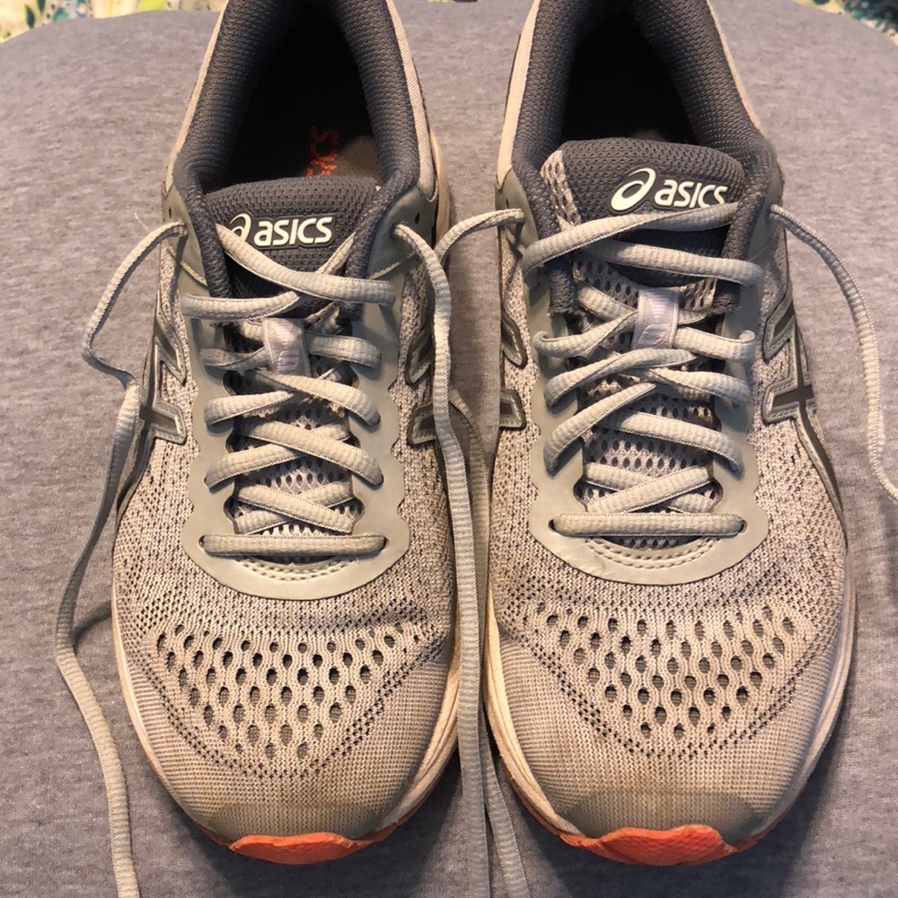 Gray ASICS running shoes